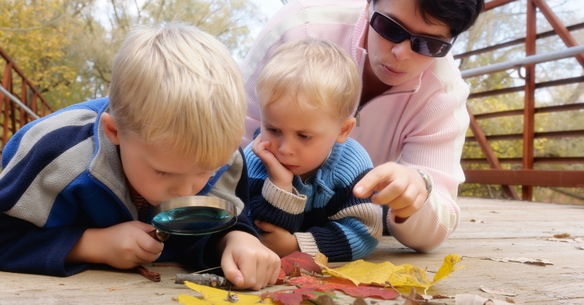 Children exploring fall leaves 